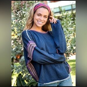 Natural Life Boho Oversized Knit Trim Sweatshirt SIZE L /XL Blue